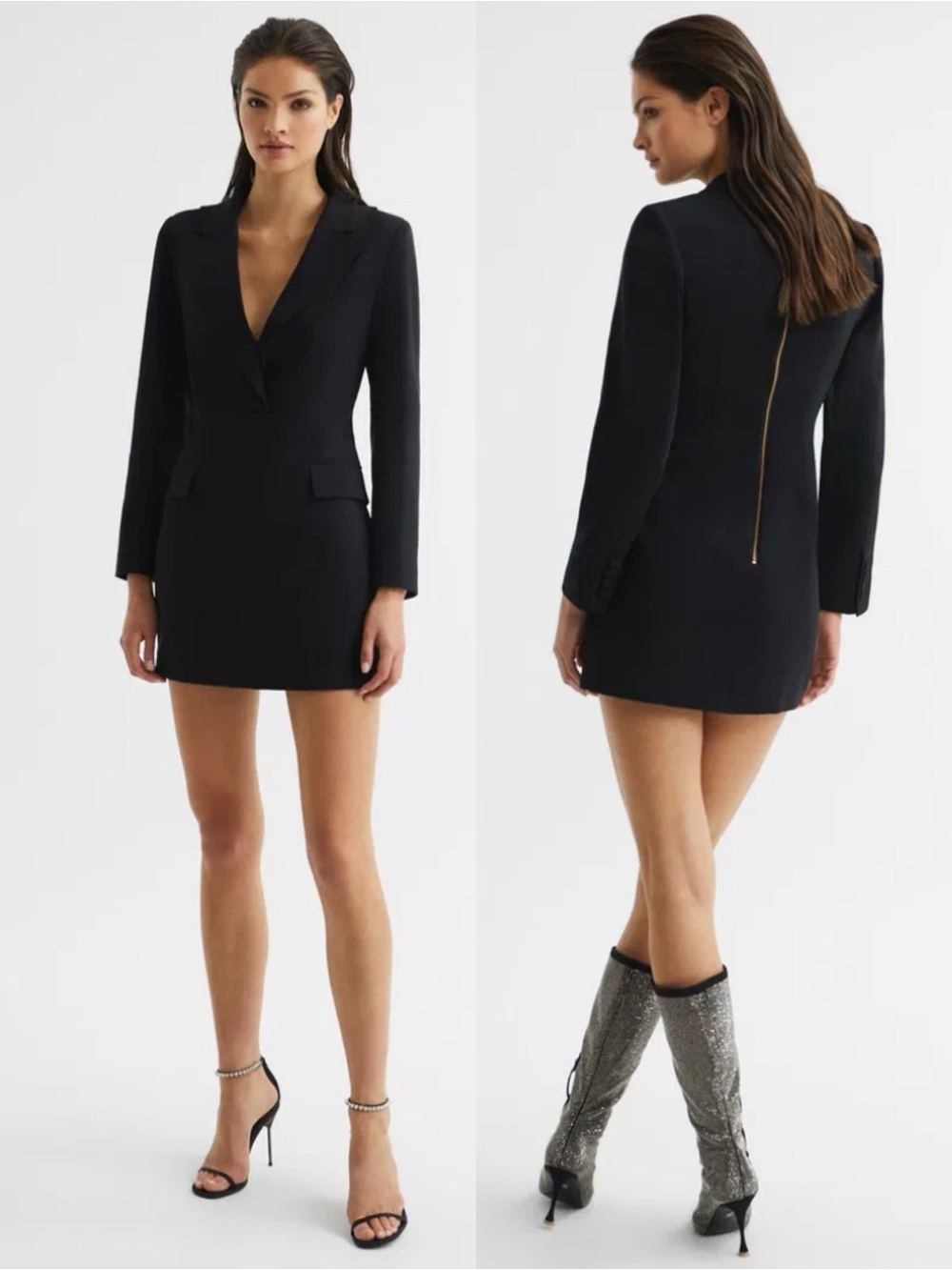 Reiss Karin Plunge Tuxedo Mini Dress Black Long Sleeve Size 4